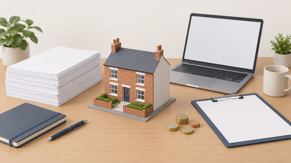 A small model of a modest terraced house sits on a desk beside a stack of blank printed reports, a laptop with a blank screen, a surveyor's clipboard and a few coins, suggesting how survey data and price assumptions are turned into national fuel poverty figures.