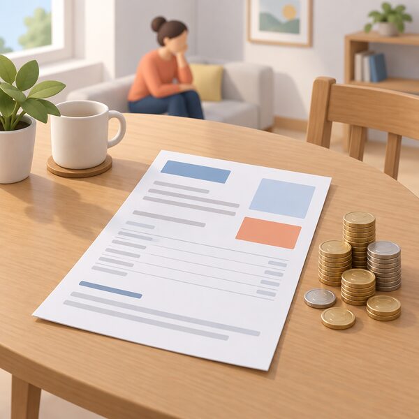A domestic energy bill lying on a table in a home, drawn as a physical paper document with blank lines and plain colour blocks instead of readable figures, beside a small pile of coins representing the large share of household income it consumes.