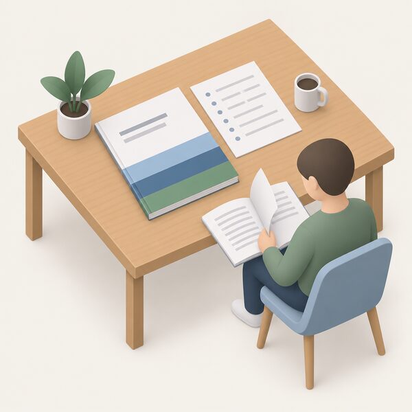 A printed official statistics report lying closed on a wooden desk, its cover showing plain colour bands and blank title lines, with a version history sheet resting beside it and a simple isometric figure of a reader seated nearby turning to a page.