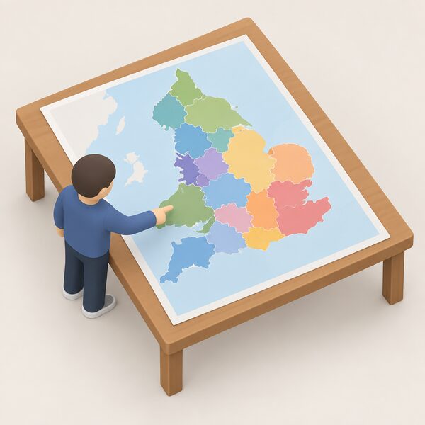 A simplified printed map of England divided into plain colour-shaded local authority areas, lying on a table with a small isometric figure pointing at one shaded area, all boundaries and regions shown without any names, numbers or labels.