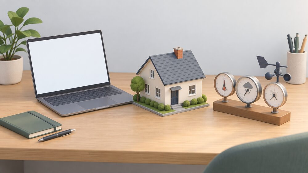A small model house sits on a desk beside an open laptop with a blank screen and a desk weather station showing dials, representing a home being assessed against projected future climate data.