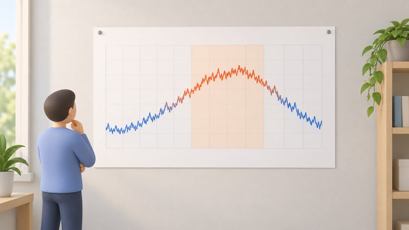 A printed chart sheet pinned on a wall showing a single continuous temperature line rising and falling across a full year of hourly values, with a plain colour band marking the warmer summer months, drawn as an object with no readable words or numbers.