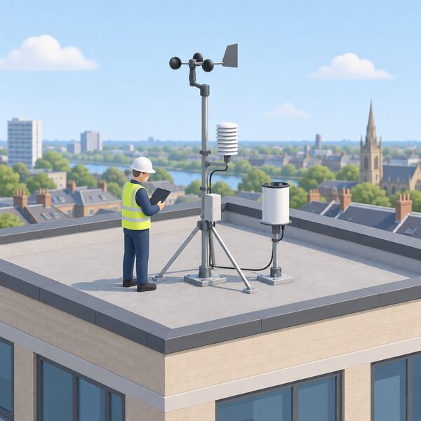 A small weather station on a flat building roof, with an anemometer on a mast, a radiation shield and a rain gauge, recording observations while a simplified figure checks the equipment, with rooftops and sky around it.
