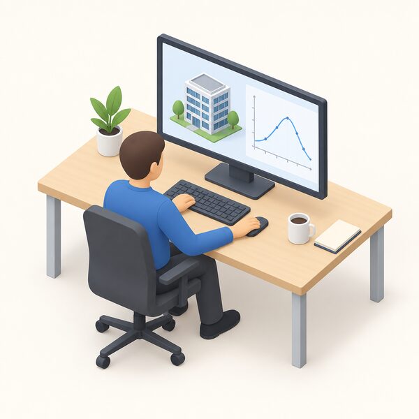 A desktop computer on an office desk, screen showing a simple building model beside a plain line graph of hourly results, with a small isometric figure seated at the keyboard running the simulation.