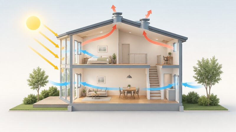 A cutaway section drawing of a simple two-storey dwelling with sun rays striking the glazed facade, arrows showing warm air entering through high-level windows and cooler air flowing through open lower windows and out via roof-level vents, marking summer solar gain and cross-ventilation paths.