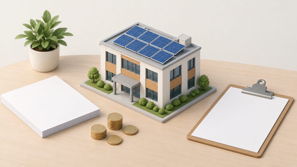 A small model of a building with rooftop solar panels sits on a table beside blank paperwork, a clipboard and a few coins, suggesting public funding being granted for solar installation.