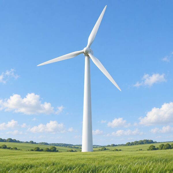 A single tall white wind turbine with three blades standing in open countryside, its base among grassy fields with no buildings or people nearby, shown from a low angle to convey large-scale clean electricity generation in a rural landscape.