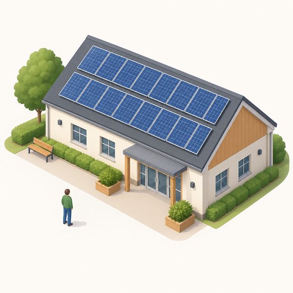 A simplified isometric view of a local community building, such as a village hall, with rows of solar panels fitted on its pitched roof, a small figure of a person standing on the ground looking up at the completed installation owned by the local group.