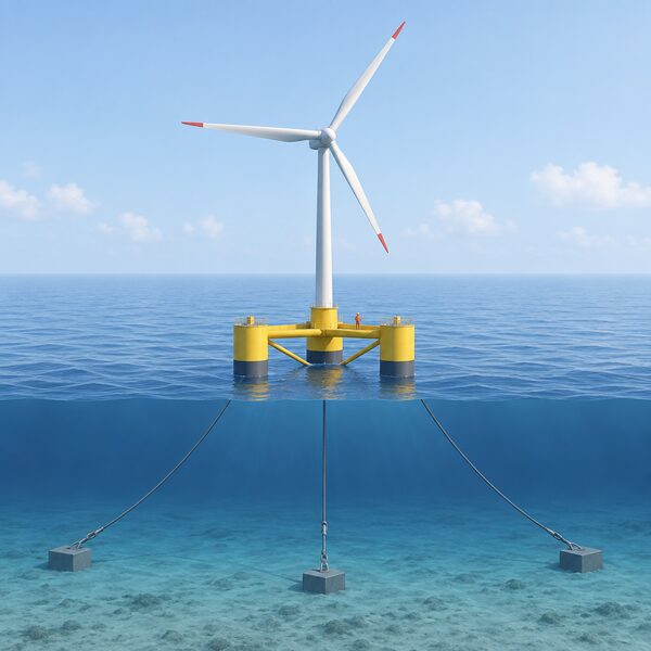 A floating offshore wind platform moored on the open sea, its tall tower and rotor rising above a semi-submersible hull with mooring lines spreading down into the water, shown in calm weather as a single project in the offshore development pipeline.