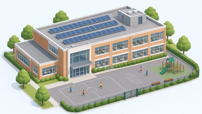 An isometric cutaway view of a school building with rows of solar panels on its flat roof, a small plant room structure beside them, and the playground with a simplified figure visible below.