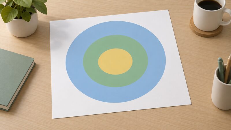 A printed diagram sheet lying on a desk showing three nested plain colour rings, the smallest ring inside a middle ring inside a large outer ring, representing grant-supported installations within certified installations within all heat pumps fitted, with no numbers or words.