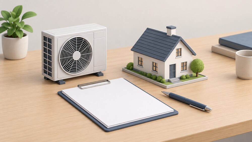 A small model of an air source heat pump fan unit stands on a table beside blank application paperwork, a pen and a small model house, representing a grant-supported installation being counted and recorded.