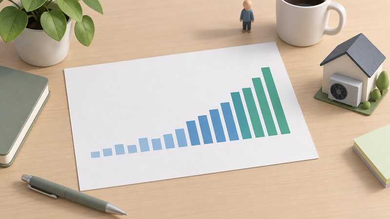 A printed bar chart sheet lying on a desk, showing quarterly UK government-supported heat pump installations from 2021 to 2025 as plain bars rising from low early quarters to visibly taller bars in 2024 and 2025, with no readable numbers or words.