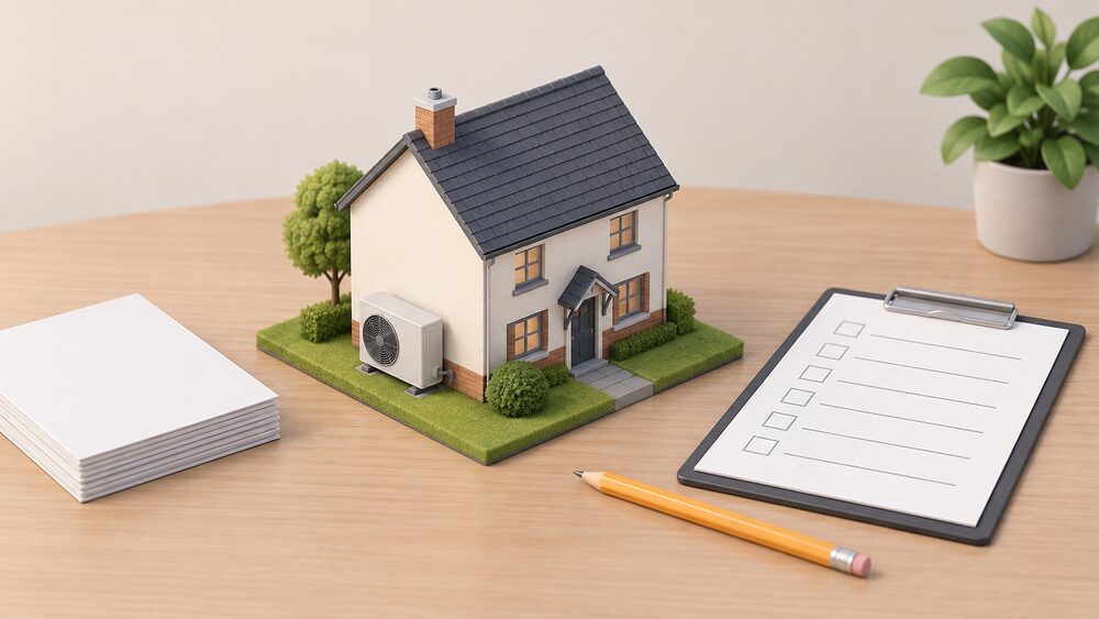 A small model house with a miniature air source heat pump fan unit standing beside it on an outside patch of the model, placed centrally on a table next to a blank survey form, a pencil and a small stack of blank tally sheets.