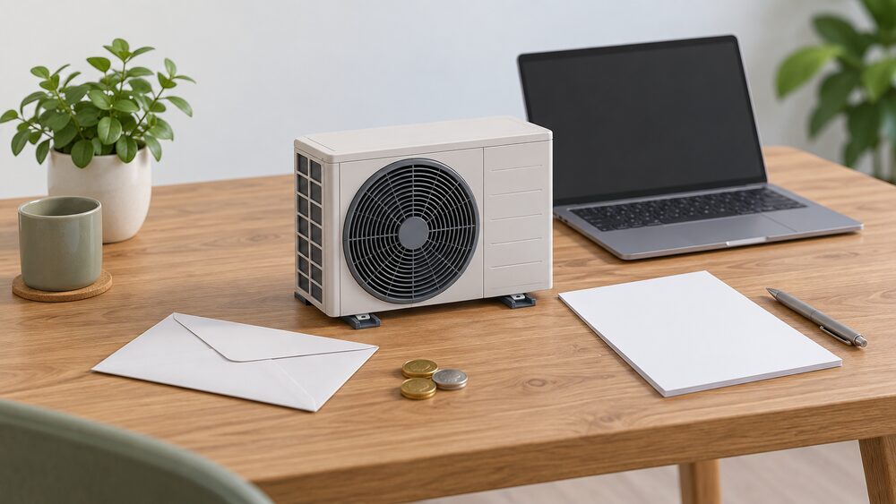 A small model of an air source heat pump fan unit stands on a wooden table beside a blank official-looking form, a sealed envelope and a few coins, with a blank laptop screen behind them.