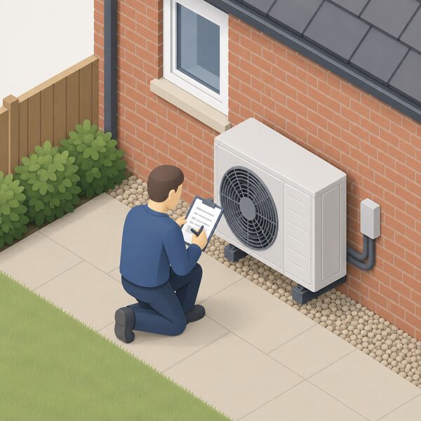 A simplified isometric installer in plain clothing kneels beside an outdoor heat pump unit at the rear wall of an existing house, holding a registration document on a clipboard whose content is shown only as blank lines, representing the certified registration that the statistics count.