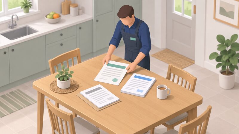 A kitchen table holding an MCS certificate sheet and installer paperwork beside a mug, with a simplified isometric figure of an installer laying out the documents, the certificate shown with blank lines and plain colour bands so no words or figures are readable.