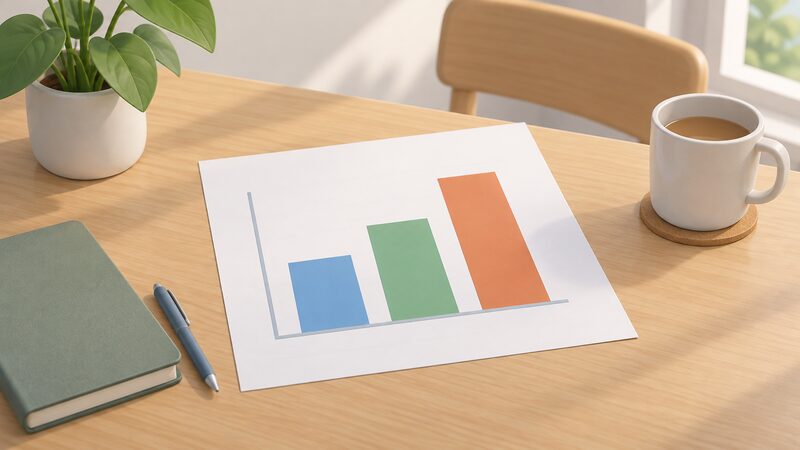 A printed bar chart sheet lying on a table showing three plain rising bars representing Northern Ireland quarterly heat pump installations, with no numbers or words, drawn as a physical object with simple colour bands.