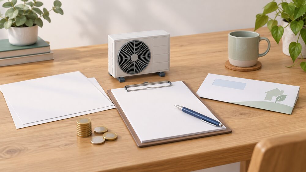 A small model of an air source heat pump fan unit stands on a wooden table beside blank application paperwork, a clipboard with a pen, and a few coins, with a leaflet-shaped envelope resting nearby.