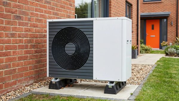 An air source heat pump unit installed on a concrete slab outside a red brick house