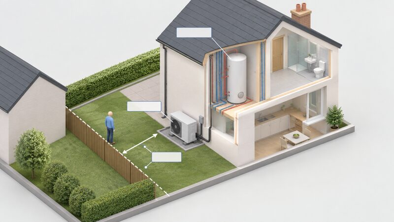 A cutaway diagram of a house showing an air source heat pump on the outside wall set back a clear measured gap from the neighbouring boundary line, with leader lines to blank labels, and an internal hot water cylinder connected to the unit inside the house.