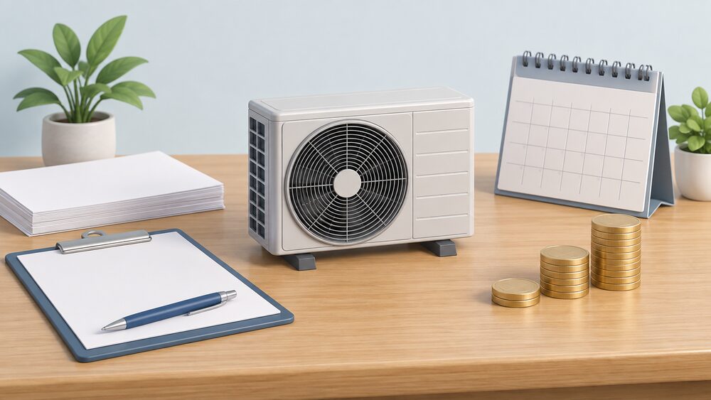 A small model of an air source heat pump fan unit stands on a table beside blank application paperwork, a clipboard with a pen, a calendar and a small stack of coins, all lit by plain daylight.