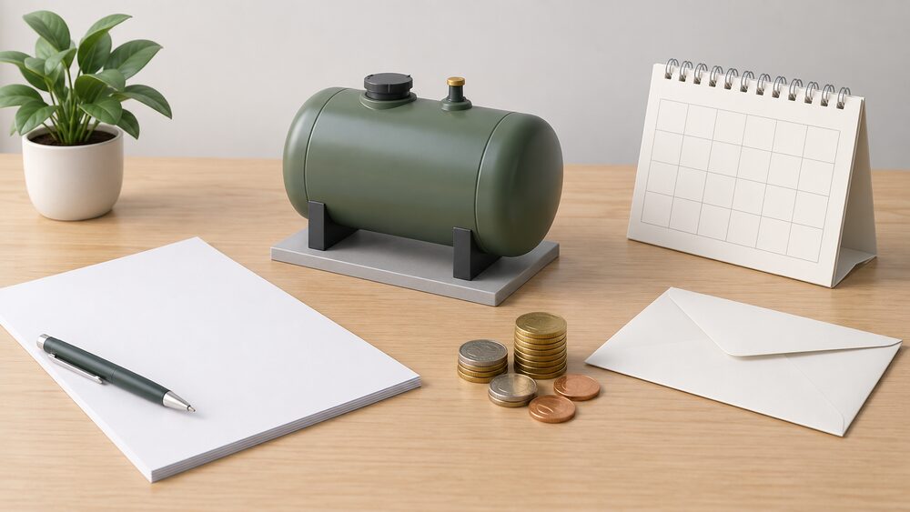 A small model of a domestic heating oil tank standing on a table beside blank order paperwork, a delivery envelope, a small pile of coins and a blank calendar, all lit by plain daylight.