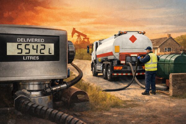 A delivery driver in a high-visibility vest filling a domestic heating oil tank from a tanker truck, with a meter reading 5542 litres in the foreground