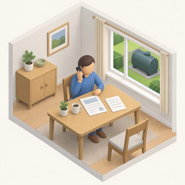 A householder at home speaking on the phone while a supplier's written quote showing a per-litre price lies on the table beside an order note listing a volume of litres, with the home oil tank visible outside through a window.