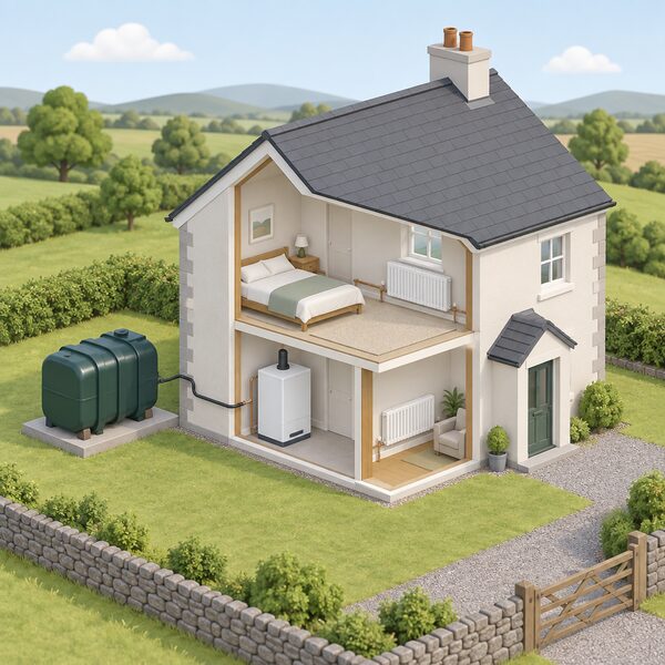 A small isometric rural detached home with an oil-fired boiler inside and a plastic heating oil storage tank outside on a slab, connected by a supply pipe, set in open countryside with no mains gas connection.
