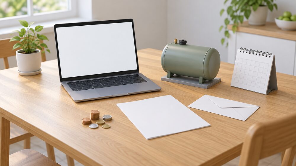 A kitchen table in daylight with an open laptop showing a blank screen, a blank order form and envelope, a small pile of coins, a calendar, and a small model of a domestic heating oil tank standing beside the paperwork.