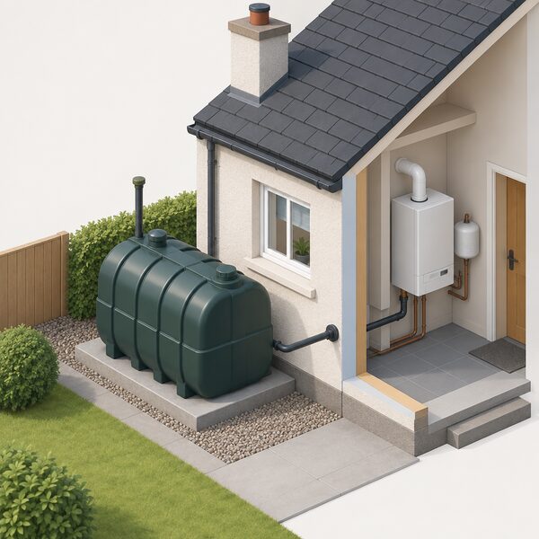 A plastic domestic heating oil tank on a concrete base at the side or rear of a simple Northern Ireland house, with the fill point and vent pipe visible and the boiler inside connected through the wall, showing the household's dependence on oil heating.