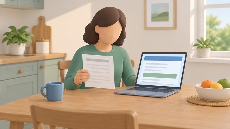 A householder at a kitchen table holds a paper oil delivery quote beside an open laptop showing the price checker webpage, comparing the two side by side.