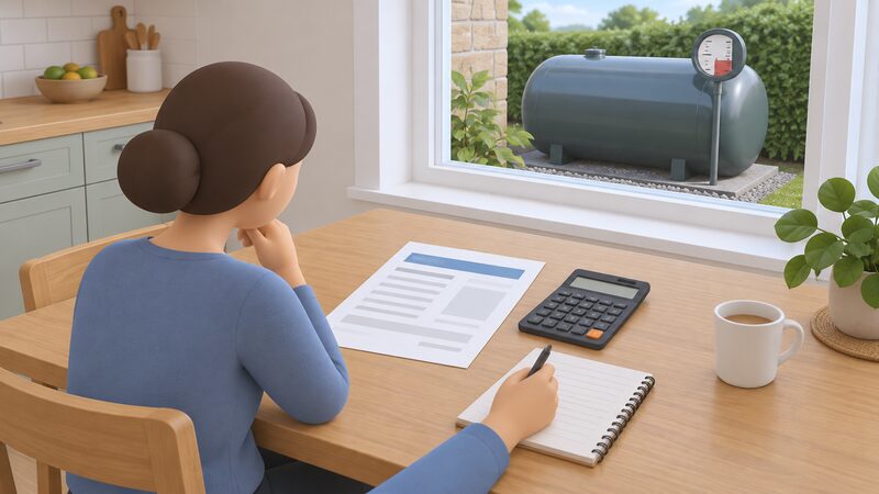 A kitchen table scene with a printed heating oil quote sheet lying beside a calculator, next to a small notepad, while through a nearby window an outdoor oil tank's gauge is visible showing its level.