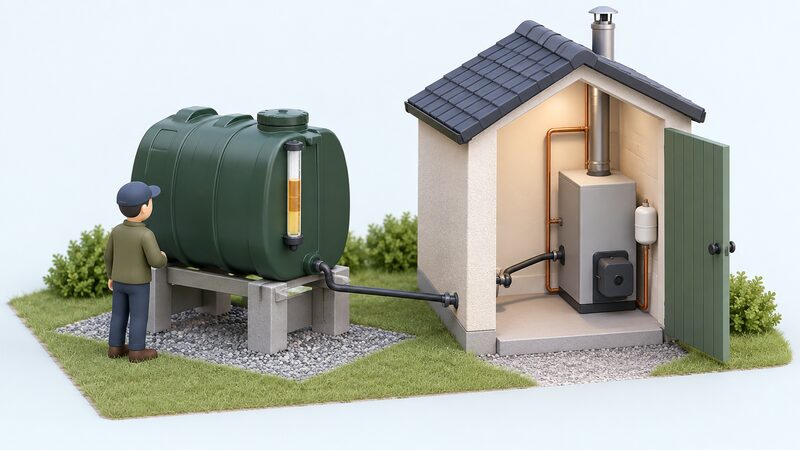 An outdoor domestic plastic oil tank on a stand beside a small boiler house, with a vertical tank gauge showing the kerosene level and a simplified figure checking it.