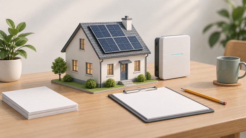 A small model house with solar panels on its pitched roof sits on a table beside a compact wall-mounted battery unit, with blank paperwork, a clipboard and a pencil arranged in front, suggesting a certified installation being recorded.