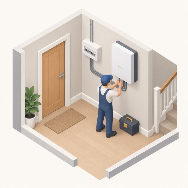 A small isometric domestic hallway or utility room scene showing a wall-mounted electric battery storage unit being retrofitted, with a simplified installer figure connecting it to the household electricity supply via a consumer unit on an adjacent wall.