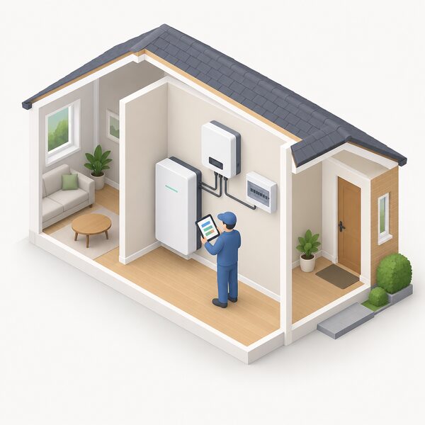 An isometric cutaway of a home showing a wall-mounted battery and inverter indoors connected to a consumer unit, with a small installer figure beside the battery holding a tablet whose screen shows plain colour blocks representing the installation being recorded asset by asset in a certification database.
