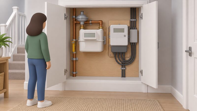 A domestic meter cupboard or utility area with a wall-mounted electricity meter and a gas meter side by side, each with plain blank display faces and connecting pipework and cabling, shown as a simple cutaway interior scene.