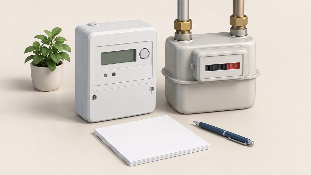 A small tabletop arrangement with a domestic electricity meter and a domestic gas meter standing side by side as the central objects, with blank paperwork and a pen beside them, all lit by plain daylight.