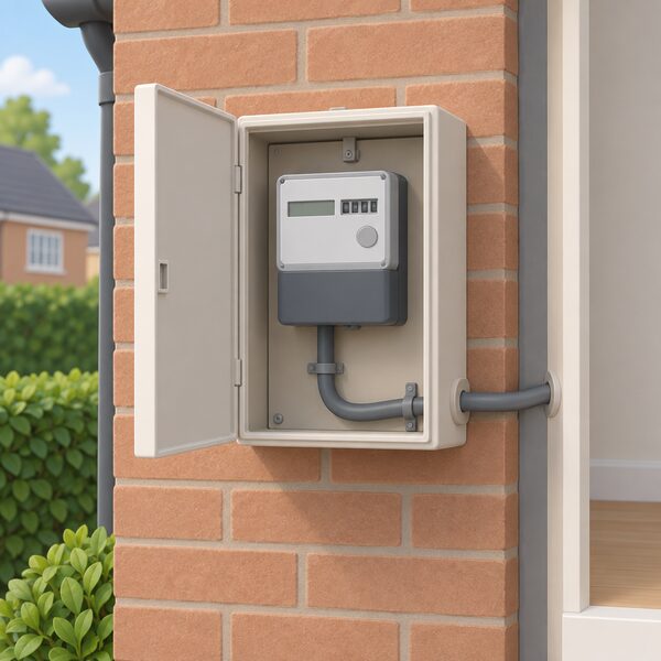 A simple domestic electricity meter mounted on an exterior house wall, drawn plainly as a typical household meter in its meter box with the supply cable running into the home.