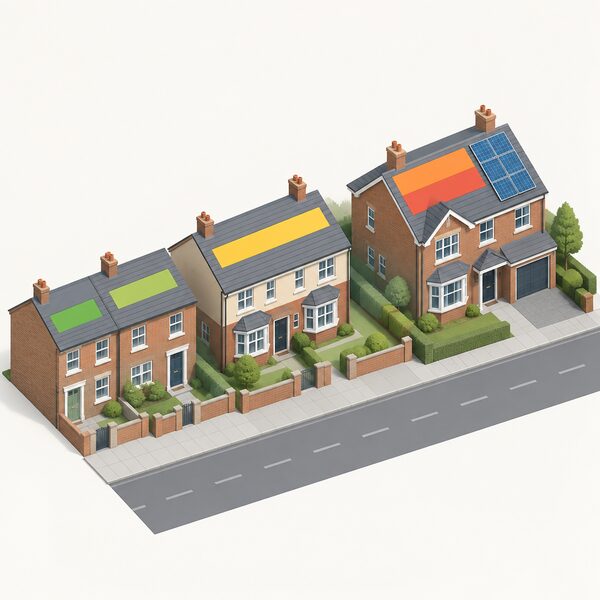 A street row of ordinary British houses of clearly different sizes, from a small terraced cottage through a semi to a large detached home, drawn in simplified isometric style with plain colour bands on each roof suggesting differing levels of energy use, no people.