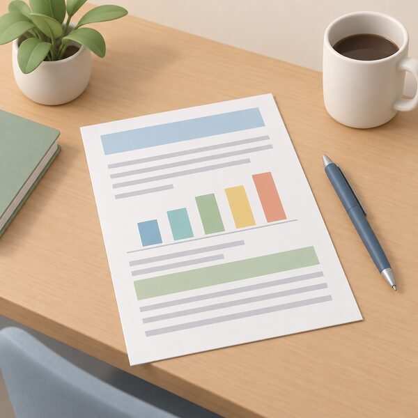 A plain paper review document lying on a desk, shown as a physical object with blank lines and plain colour blocks instead of readable words, beside a pen, conveying a periodic review of typical domestic consumption values.