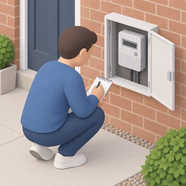 A householder crouching at a domestic electricity meter, mounted in a small cupboard or box on an outside wall of a house, reading the display and writing the figure on a notepad to compare against benchmark values.