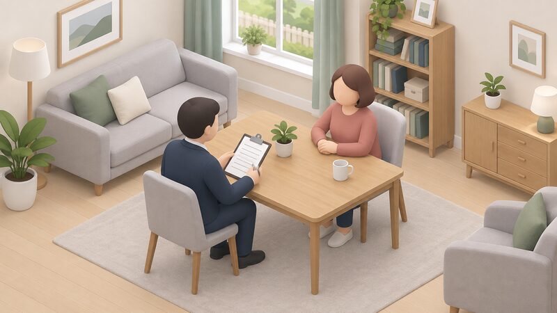 A simplified isometric interviewer sits at a living-room table with a householder, holding a clipboard with blank lined pages, in an ordinary English home, showing the interview half of a national housing survey being conducted.