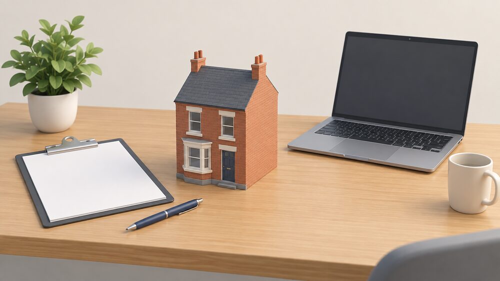 On a table, a small plain model of an English terraced house sits beside a clipboard with blank survey sheets, a pen and a closed laptop, suggesting a home inspection about to be recorded.