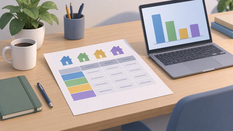 A printed data table lying on a desk showing English housing stock figures broken down by tenure, with plain colour blocks and blank lines instead of readable numbers, beside a laptop screen displaying a simple bar chart of the same kind of data.
