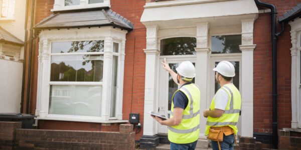 Two surveyors in hard hats and hi-vis vests inspecting the exterior of a red-brick Victorian terraced house