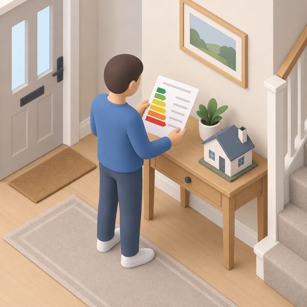 A simplified isometric figure stands at a table in a home's hallway holding an Energy Performance Certificate document, shown as a physical sheet with a plain colour rating band and blank lines, beside a house model, representing a certificate issued for a sold, let or improved home.