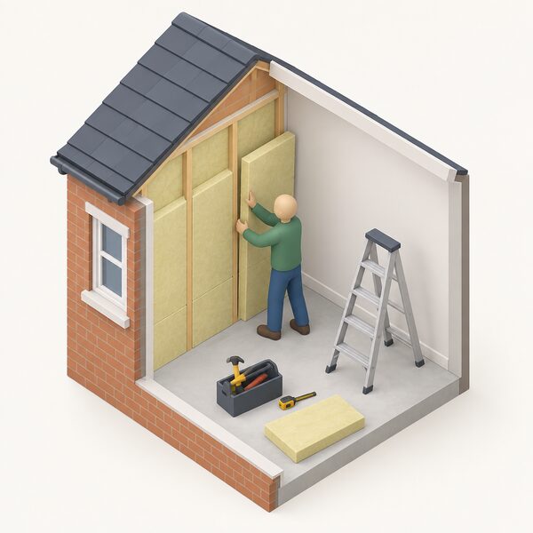 An installer in plain clothing fits insulation boards to the inside of an external wall of a simplified English house, with a ladder and tools beside them, showing a typical home upgrade being carried out to improve the dwelling's energy efficiency.